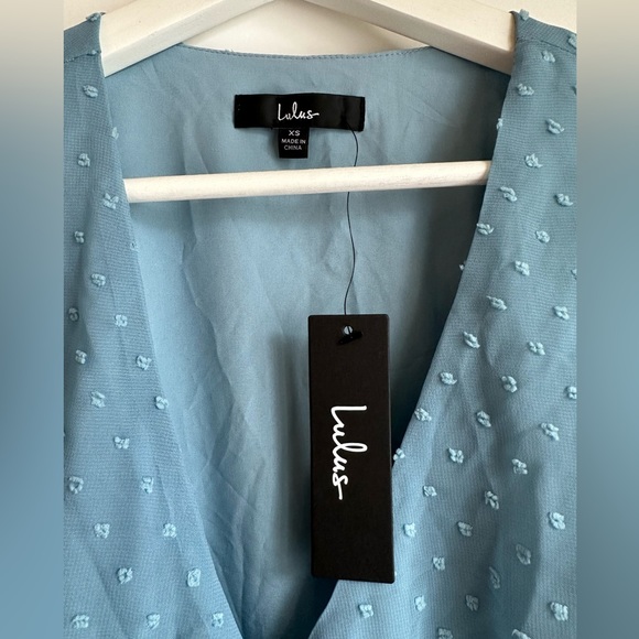 Lulus Cute Blue Swiss Dot Flutter Sleeve Wrap Dress - Picture 8 of 10